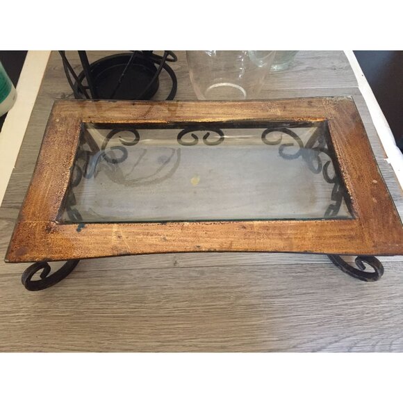 Rustic Metal & Glass Rectangular Centerpiece With Scrollwork Design Gold Finish - Picture 1 of 5